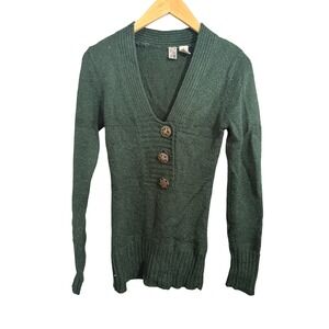 BKE Sweater Womens Small Green V-Neck Ribbed Knit Ornate Button Pullover H72129